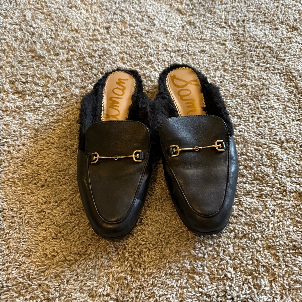 Black Sam Edelman Leather Loafer mules with black Fur Lining